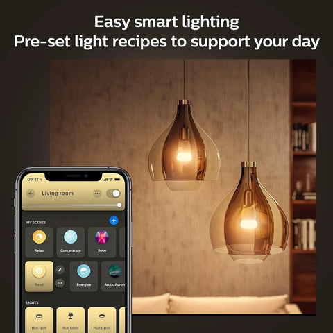 Smart 75W Equivalent A19 LED Bulb With White Ambiance from Warm to Cool, 1100 Lumens, E26 Base controlled via Hue app in living room