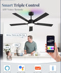 Modern 52 Inch Smart Ceiling Fan Provides Super Chill Airflow And Bright Dimmable Led Lighting Seamless Alexa And Google Assistant Sync No Sweat Assembly For Cozy Vibes Daily with colorful LED light and voice control.
