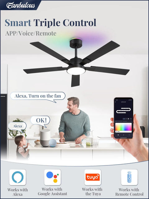 Modern 52 Inch Smart Ceiling Fan Provides Super Chill Airflow And Bright Dimmable Led Lighting Seamless Alexa And Google Assistant Sync No Sweat Assembly For Cozy Vibes Daily with colorful LED light and voice control.