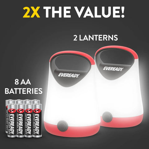 Two Pack LED Camping Lanterns With 250 Lumens 360 Degree Bright Light Rugged Water Resistant Build, red and black.