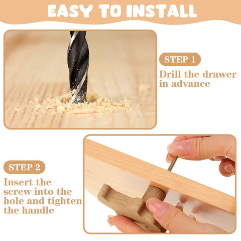 Image showing installation steps for 12 Piece Wooden Animal Dresser Knobs Set With Screws for Nursery Cabinets and Drawers.