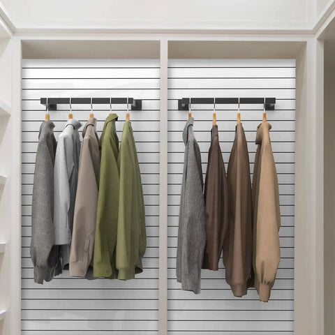 2 Pack Slatwall U Shaped Rectangular Tubing Hangrail 16x12 Inch For Retail Display And Home Apparel Storage Black Beefy Steel Built To Endure Daily Use shown with coats hanging in a closet.