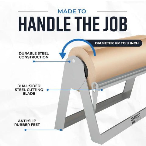 Heavy Duty Steel Butcher And Kraft Paper Roll Dispenser With Razor Sharp Cutter Blade built for kitchen wrapping, features durable steel construction.