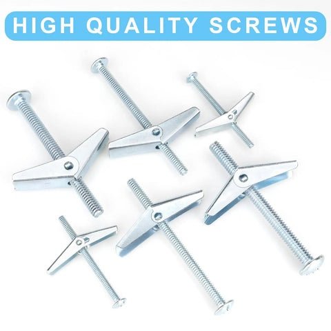 Heavy Duty Drywall Anchors And Screws Kit With Toggle Bolts And Wing Nuts For Hanging Lamps And Heavy Stuff 25 Pack Three Sixteenth Inch Assortment Set For Solid Mounts, showing metal toggle bolts and screws.