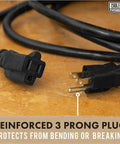 Reinforced 3 prong plug of a heavy duty 100 ft outdoor extension cord 14 gauge 3 conductor SJTW yellow with grounded plug.