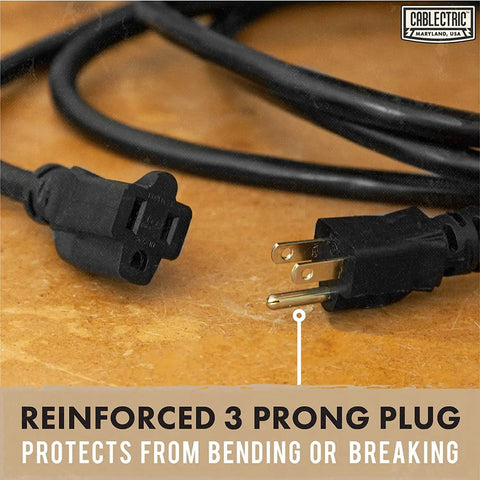 Reinforced 3 prong plug of a heavy duty 100 ft outdoor extension cord 14 gauge 3 conductor SJTW yellow with grounded plug.