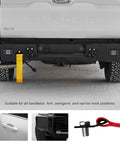 Heavy Duty Racing Tow Strap And Nylon Towing Rope For Jdm Sports Cars, Universal Front Or Rear Bumper Recovery Line, 2000 Pound Towing Pull With Badass Construction And No Nonsense Grip In Bold Yellow on a truck bumper.