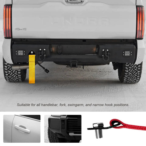Heavy Duty Racing Tow Strap And Nylon Towing Rope For Jdm Sports Cars, Universal Front Or Rear Bumper Recovery Line, 2000 Pound Towing Pull With Badass Construction And No Nonsense Grip In Bold Yellow on a truck bumper.