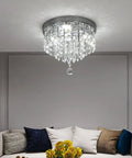 Dope Crystal Chandelier LED Ceiling Light Flush Mount In Stainless Steel With Beaded Shade, Modern White Light Fixture