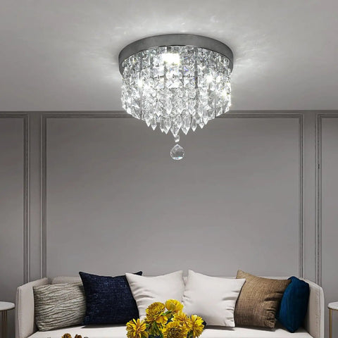 Dope Crystal Chandelier LED Ceiling Light Flush Mount In Stainless Steel With Beaded Shade, Modern White Light Fixture