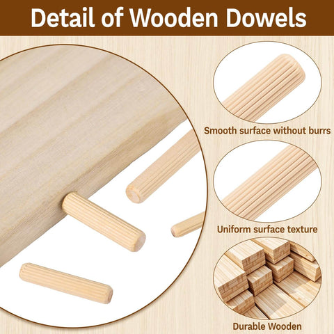 Detail view of 250 Piece Fluted Wood Dowels Set In 1/4 Inch, 5/16 Inch, And 3/8 Inch Sizes For Crafts, Furniture, And Woodworking Projects.