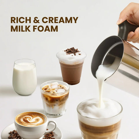 4 In 1 Milk Frother And Steamer With 10 6 Oz Capacity Electric Foam Maker for café-style frothy beverages in glass cups