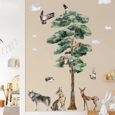 Gigantic 68 Inch Watercolor Pine Tree Woodland Forest Safari Animals Wall Decals Peel And Stick Deer Birds Owl Wolf Stickers