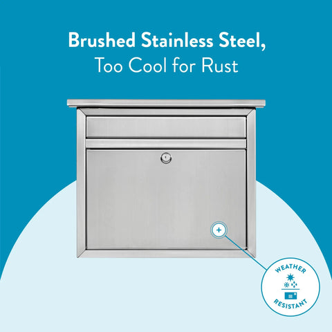 Locking Wall Mount Mailbox In Brushed Stainless Steel For Outdoors With Key Drop Box And Large 12.9 Inch Mail Slot