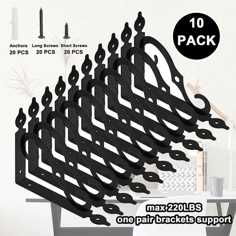 Heavy Duty 10 Pack L Shaped Shelf Brackets Wall Mounted Decorative Floating Shelf Hardware Kit With Screws And Anchors showing 10 sturdy black cast iron brackets.