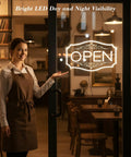 Lit Neon Open Sign For Business With Dimmable LED Warm White Glow, 16.5 By 10.5 Inch in cafe window with bright visibility
