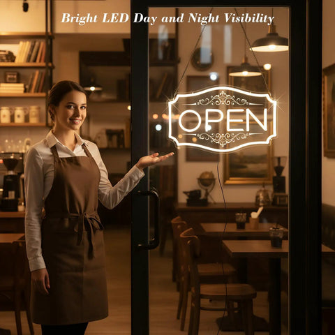 Lit Neon Open Sign For Business With Dimmable LED Warm White Glow, 16.5 By 10.5 Inch in cafe window with bright visibility