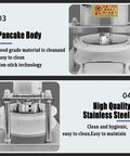 Heavy Duty Electric Pizza Dough Press Machine Stainless Steel Roll Out Tool showing food-grade non-stick pancake body and hygiene features.