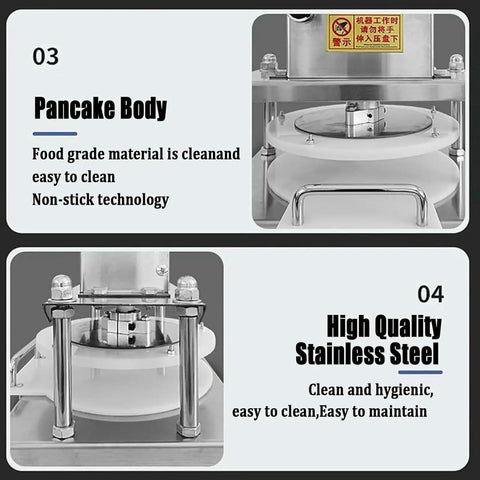 Heavy Duty Electric Pizza Dough Press Machine Stainless Steel Roll Out Tool showing food-grade non-stick pancake body and hygiene features.