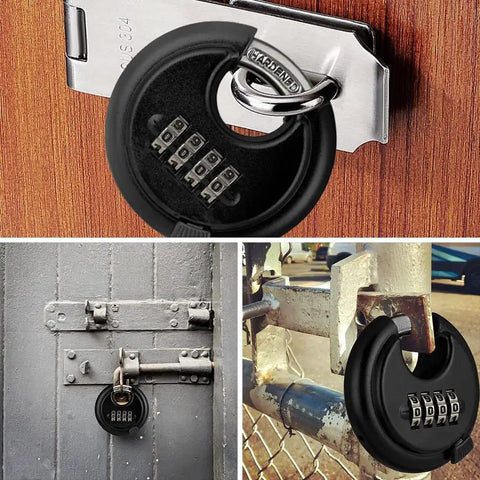 Discus 4 Digit Weatherproof Disc Padlock for Outdoor Storage Units Sheds Gates Garages and Fences with 2 3 Quarter Inch Zinc Alloy Body and Easy Set 10000 Possible Combinations Black.
