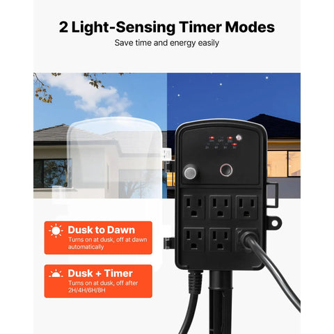 No More Plug Fights, Heavy Duty Outdoor Power Stake And 100Ft Extension Cord With Rugged Weatherproof Cover, Six Outlet Hub with timer settings.