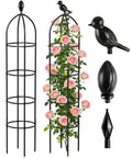 Obelisk Garden Trellis For Climbing Plants 6 Ft Rustproof Plastic Coated Metal Vine Support Cage for pots with rose illustration.