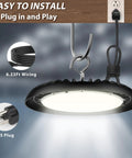 UFO LED High Bay Light 150W 16500 Lumens 5000K Plug In Shop Light With 110 Degree Beam hanging from ceiling with US hook