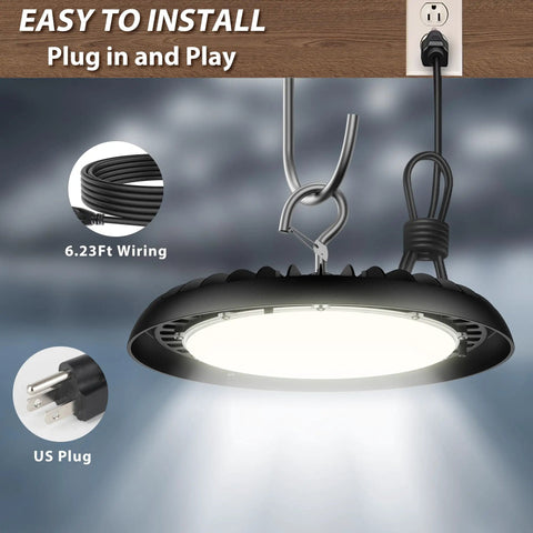 UFO LED High Bay Light 150W 16500 Lumens 5000K Plug In Shop Light With 110 Degree Beam hanging from ceiling with US hook