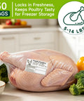 Whole chicken in Poultry Shrink Bags Pack Of 50, 13X18 Clear Heat Shrink Wrap Bags, BPA Free, on kitchen counter with vegetables.