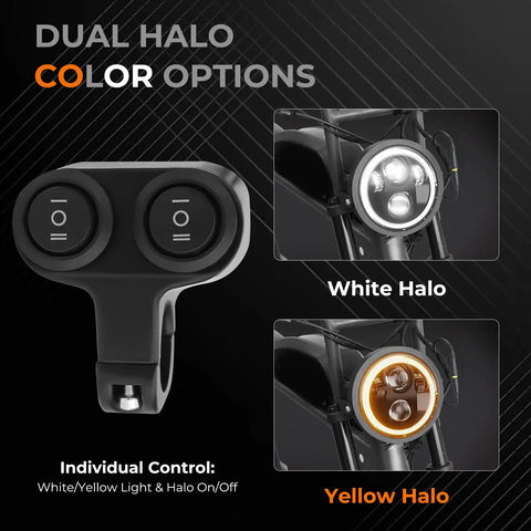 Dual halo color options for Headlight Kit For Super 73 S2 60W 8000LM LED Head Light with white and yellow halo settings.
