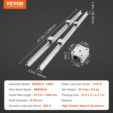 Heavy Duty Linear Rail Kit With 2 1200mm Rails And 4 SBR20UU Carriage Blocks for DIY CNC Routers, dimensions and materials shown