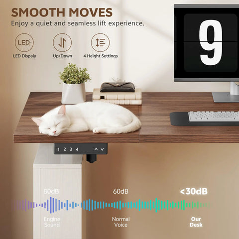 Farmhouse Electric Standing Desk 75.5 Inch With Drawers And Storage Adjustable Height Sit Stand Computer Office Desk White Walnut Color with LED display and cat.