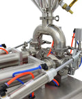 Built Tough Workhorse Pneumatic Paste Liquid Filling Machine With Heating Mixing Hopper And Dual Nozzle Anti Drip Bottle Filler For Thick Fluids Stainless Steel 110V close-up of stainless steel components and hoses.