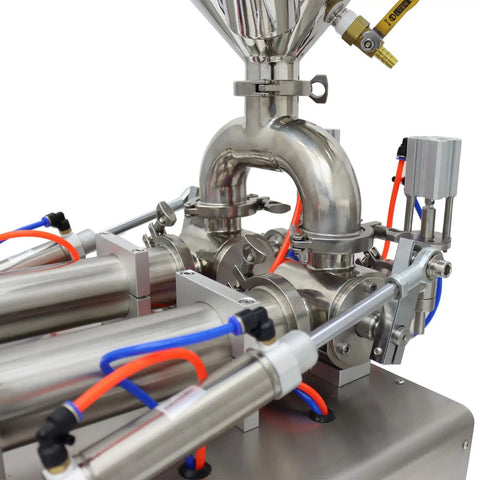 Built Tough Workhorse Pneumatic Paste Liquid Filling Machine With Heating Mixing Hopper And Dual Nozzle Anti Drip Bottle Filler For Thick Fluids Stainless Steel 110V close-up of stainless steel components and hoses.