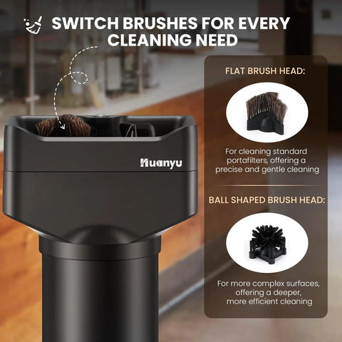 Automatic Electric Portafilter Cleaner Knocks Out Stubborn Coffee Oils In Seconds with flat and ball brush heads for both gentle and deep cleaning.