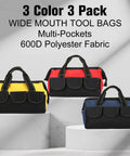 Three Pack Tool Bags For Electricians And Carpenters, Waterproof Hard Bottom, Built For Tough Jobs, Heavy Duty Wide Mouth Tote