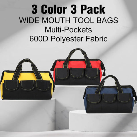 Three Pack Tool Bags For Electricians And Carpenters, Waterproof Hard Bottom, Built For Tough Jobs, Heavy Duty Wide Mouth Tote