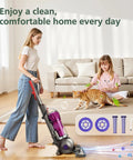 Woman vacuuming with Dyson while child plays, featuring Replacement Vacuum Filter Set For DC41 DC65 DC66 UP13 UP20 UP30 Ball Animal Series Including Multi Floor Models With 2 Post Filters And 2 Pre Filters, Easy Install, Keeps Suction Strong And Air Fresh For Home Cleaning in layout.