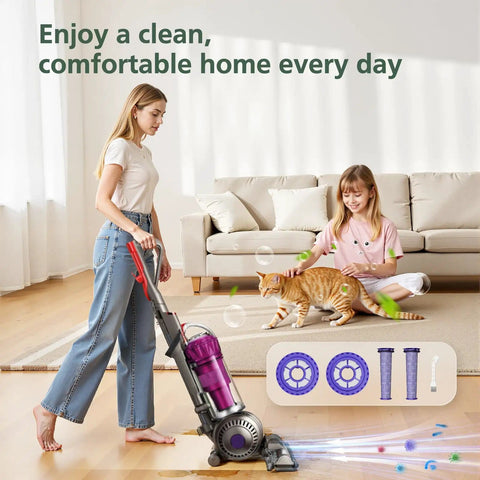 Woman vacuuming with Dyson while child plays, featuring Replacement Vacuum Filter Set For DC41 DC65 DC66 UP13 UP20 UP30 Ball Animal Series Including Multi Floor Models With 2 Post Filters And 2 Pre Filters, Easy Install, Keeps Suction Strong And Air Fresh For Home Cleaning in layout.