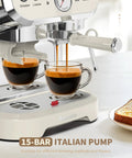 Retro White Espresso Machine With Built In Grinder And Steam Wand Featuring Pre Infusion For A Smooth Daily Grind, Compact Home Coffee Maker pouring espresso into two cups.
