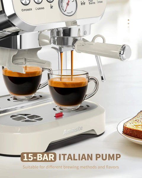 Retro White Espresso Machine With Built In Grinder And Steam Wand Featuring Pre Infusion For A Smooth Daily Grind, Compact Home Coffee Maker pouring espresso into two cups.