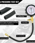 Front view of fuel pressure tester kit with 0-140 psi gauge, brass fittings and rubber nylon hoses