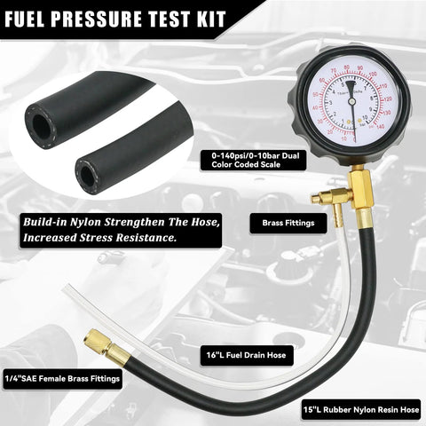 Front view of fuel pressure tester kit with 0-140 psi gauge, brass fittings and rubber nylon hoses