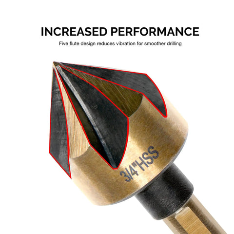 Close-up of 3/4 inch Pro Grade Countersink Drill Bit Set for Wood and Metal with five flute design and M2 High Speed Steel
