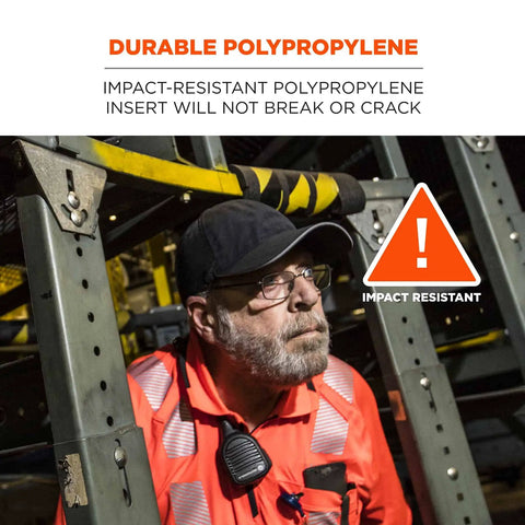 Worker in safety gear under shelves wearing Skullerz 8945 Universal Bump Cap Gray With Flexible Two Way Design And Trim To Fit
