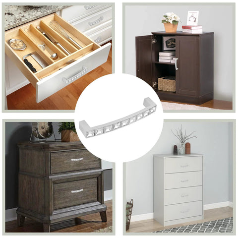 Crystal Drawer Pulls 10 Pack Modern Bridge Design Rhinestone Handles for kitchen cabinets and bedroom furniture in various setups.