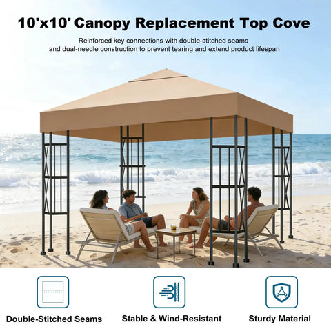 10x10 Ft Replacement Gazebo Top Canopy Cover Weatherproof Sun Shade With 300D Polyester Waterproof UV Resistant Single Tier Outdoor Gazebo Roof installed on beach with people seated underneath.