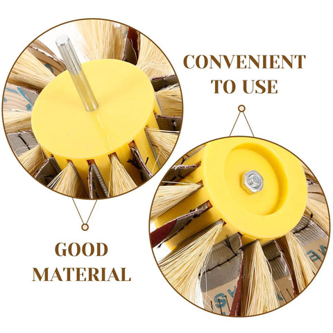 Heavy Grip Sisal Sanding Drum Buffing Wheel For Wood Furniture Polishing And Groove Cleaning close-up of yellow hub and sisal bristles.