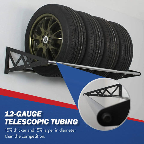 Rock Solid Heavy Duty Steel Wall Mount Tire Rack, Adjustable Black Garage Storage Shelf Supports 400 Pounds holding four tires.