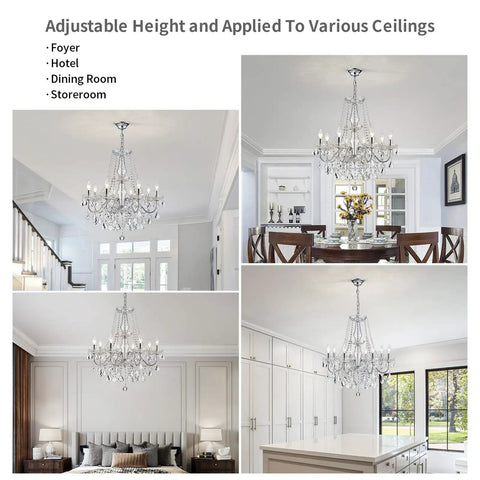Mini Crystal Chandelier With K9 Crystals, Chrome Finish, 5 E12 Bulbs, displayed in various rooms, 16.5 Inch High, 16.9 Inch Diameter